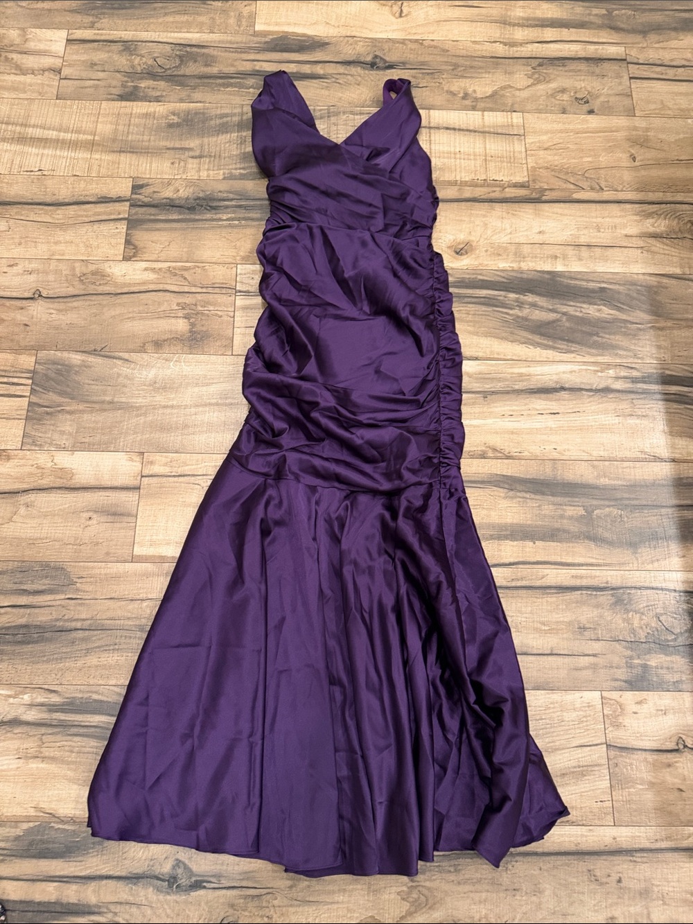 Onyx Nite Plum Satin V-Neck Ruched Maxi Dress